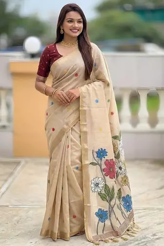 Cream cotton silk saree with colorful floral weaving pallu with blouse