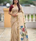 Cream cotton silk saree with colorful floral weaving pallu with blouse