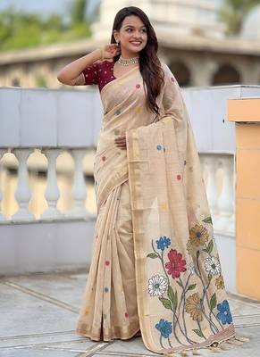 Cream cotton silk saree with colorful floral weaving pallu with blouse 3