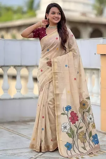 Cream cotton silk saree with colorful floral weaving pallu with blouse