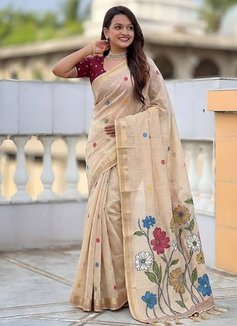 Cream cotton silk saree with colorful floral weaving pallu with blouse