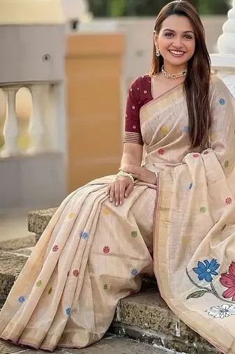 Cream cotton silk saree with colorful floral weaving pallu with blouse