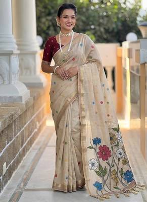 Cream cotton silk saree with colorful floral weaving pallu with blouse 5