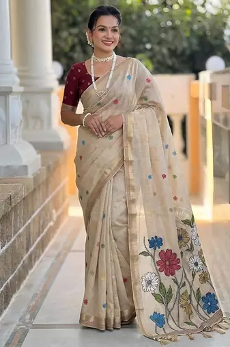Cream cotton silk saree with colorful floral weaving pallu with blouse