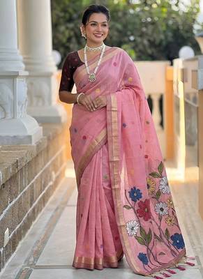 Pink cotton silk saree with colorful floral weaving pallu with blouse 1