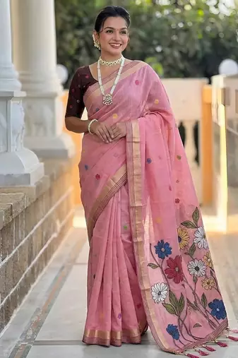 Pink cotton silk saree with colorful floral weaving pallu with blouse