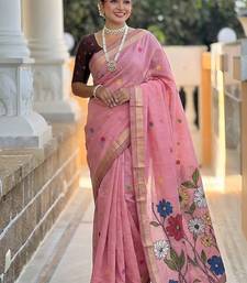 Pink cotton silk saree with colorful floral weaving pallu with blouse