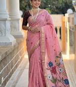 Pink cotton silk saree with colorful floral weaving pallu with blouse