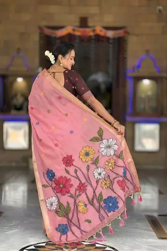 Pink cotton silk saree with colorful floral weaving pallu with blouse