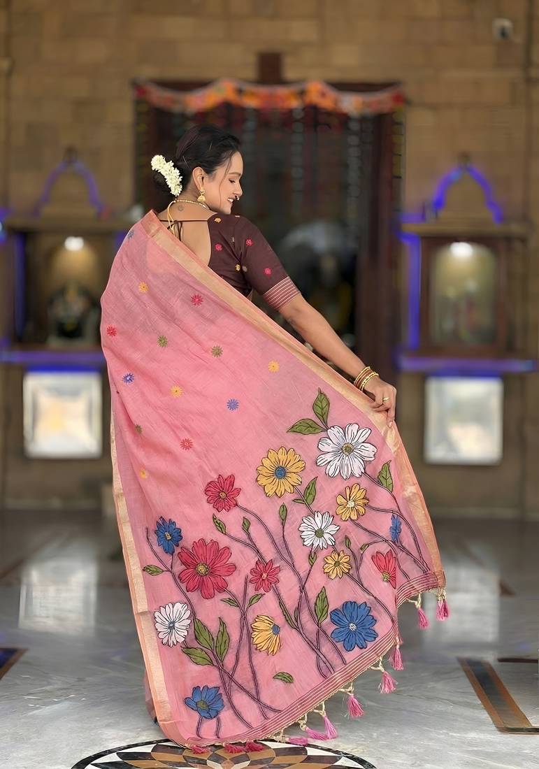 Pink cotton silk saree with colorful floral weaving pallu with blouse