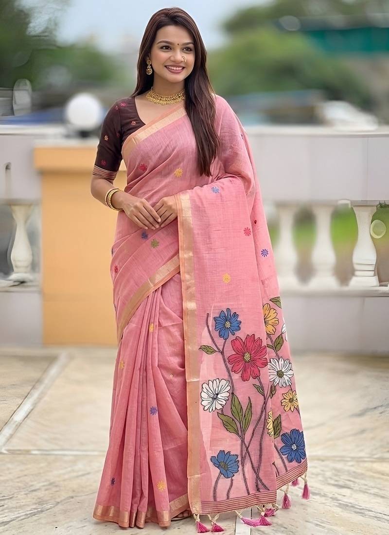 Pink cotton silk saree with colorful floral weaving pallu with blouse