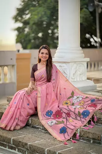 Pink cotton silk saree with colorful floral weaving pallu with blouse