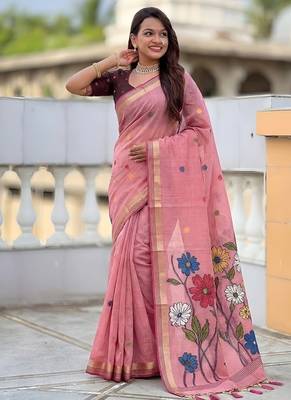 Pink cotton silk saree with colorful floral weaving pallu with blouse 5