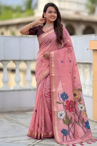 Pink cotton silk saree with colorful floral weaving pallu with blouse