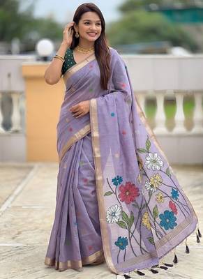 Lavender cotton silk saree with colorful floral weaving pallu with blouse 1