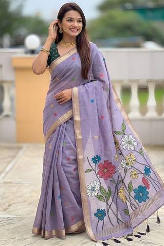 Lavender cotton silk saree with colorful floral weaving pallu with blouse