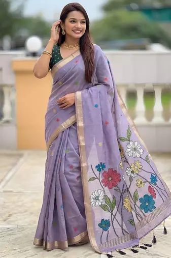 Lavender cotton silk saree with colorful floral weaving pallu with blouse