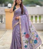 Lavender cotton silk saree with colorful floral weaving pallu with blouse