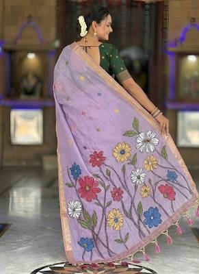 Lavender cotton silk saree with colorful floral weaving pallu with blouse 2
