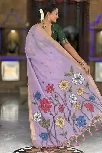Lavender cotton silk saree with colorful floral weaving pallu with blouse
