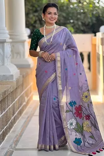 Lavender cotton silk saree with colorful floral weaving pallu with blouse