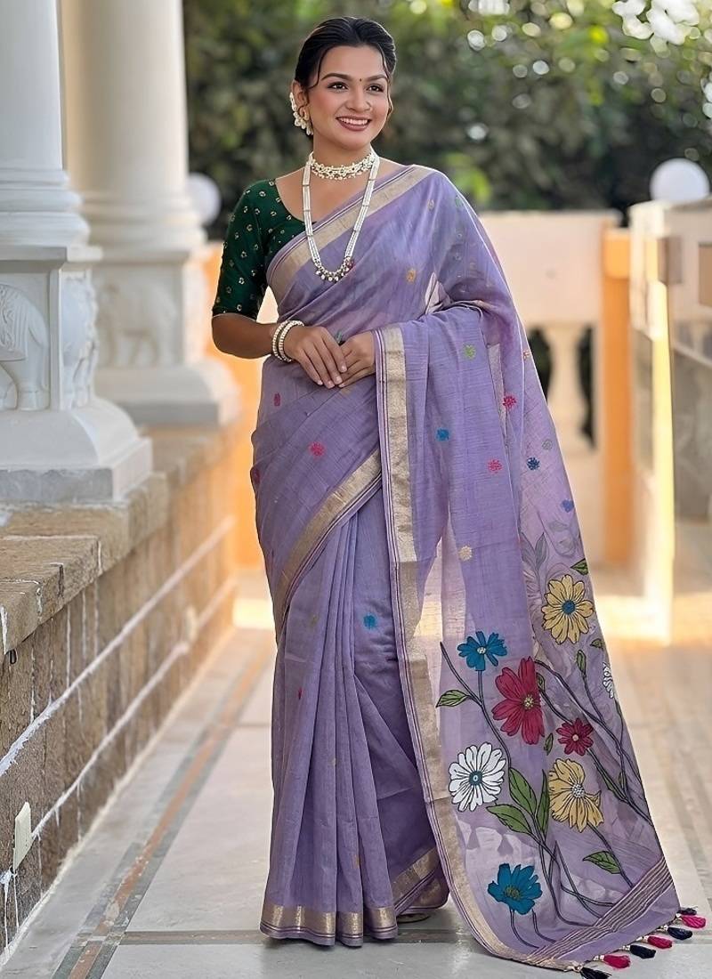 Lavender cotton silk saree with colorful floral weaving pallu with blouse