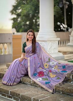Lavender cotton silk saree with colorful floral weaving pallu with blouse 4