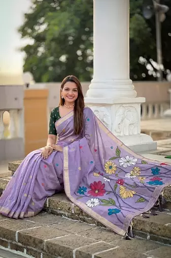 Lavender cotton silk saree with colorful floral weaving pallu with blouse