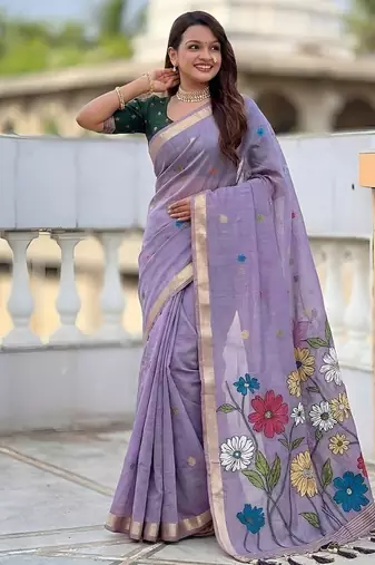 Lavender cotton silk saree with colorful floral weaving pallu with blouse