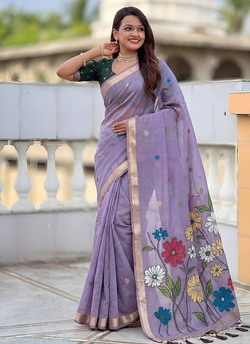Lavender cotton silk saree with colorful floral weaving pallu with blouse