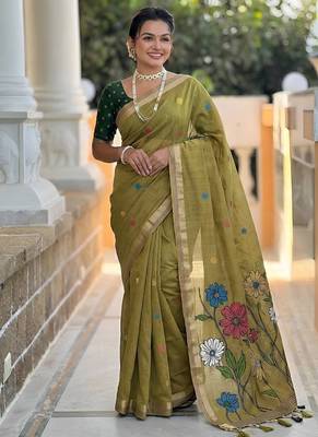 Mehendi cotton silk saree with colorful floral weaving pallu with blouse 1