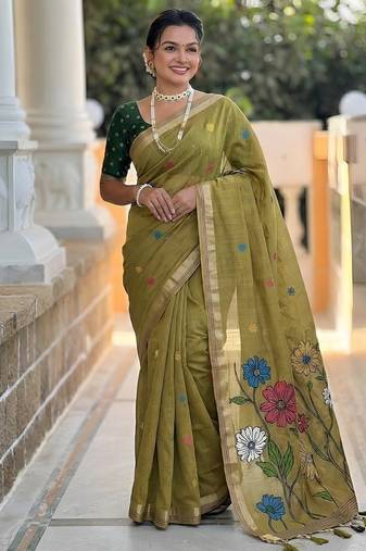 Mehendi cotton silk saree with colorful floral weaving pallu with blouse