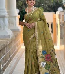 Mehendi cotton silk saree with colorful floral weaving pallu with blouse