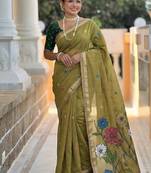 Mehendi cotton silk saree with colorful floral weaving pallu with blouse