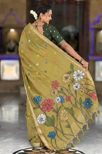 Mehendi cotton silk saree with colorful floral weaving pallu with blouse