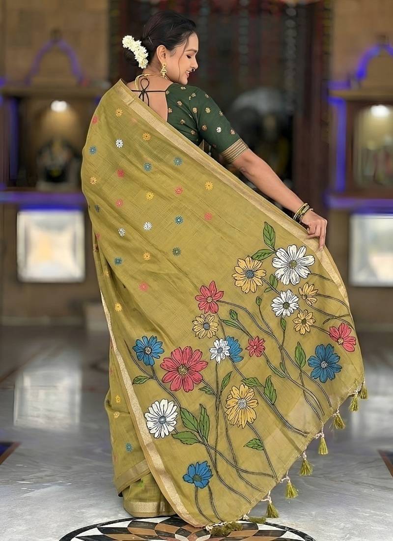 Mehendi cotton silk saree with colorful floral weaving pallu with blouse