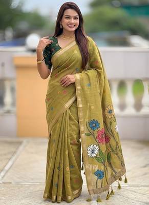 Mehendi cotton silk saree with colorful floral weaving pallu with blouse 3