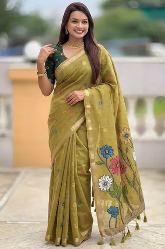 Mehendi cotton silk saree with colorful floral weaving pallu with blouse