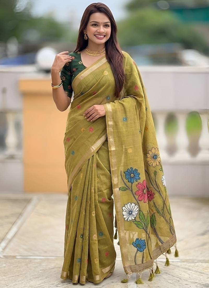 Mehendi cotton silk saree with colorful floral weaving pallu with blouse