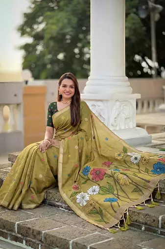 Mehendi cotton silk saree with colorful floral weaving pallu with blouse