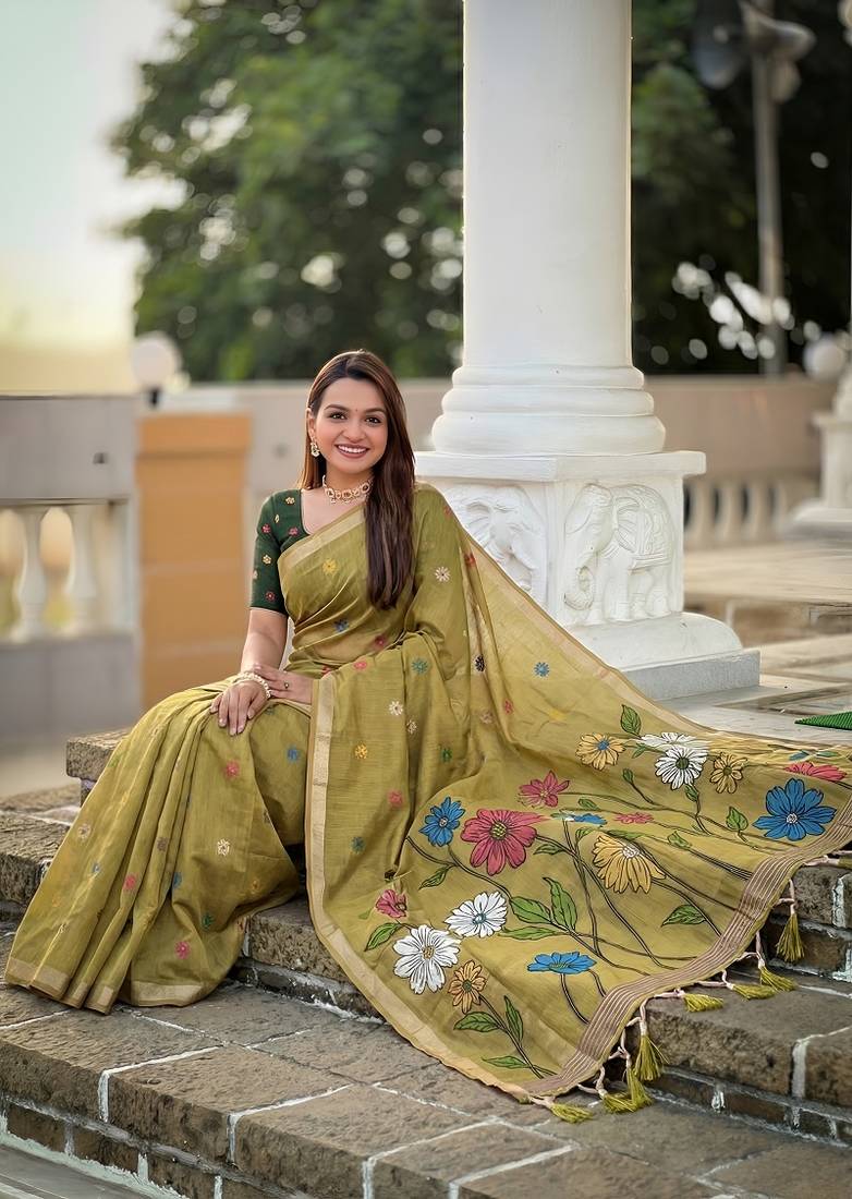 Mehendi cotton silk saree with colorful floral weaving pallu with blouse