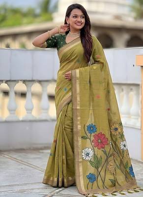 Mehendi cotton silk saree with colorful floral weaving pallu with blouse 5