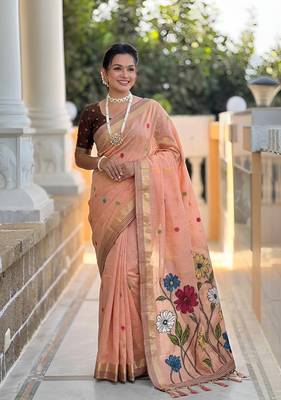 Peach cotton silk saree with colorful floral weaving pallu with blouse 1