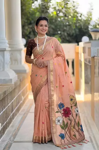 Peach cotton silk saree with colorful floral weaving pallu with blouse