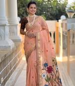 Peach cotton silk saree with colorful floral weaving pallu with blouse
