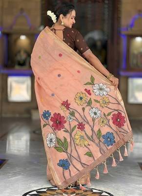 Peach cotton silk saree with colorful floral weaving pallu with blouse 2
