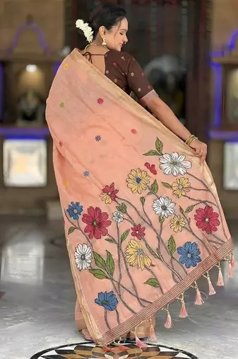 Peach cotton silk saree with colorful floral weaving pallu with blouse