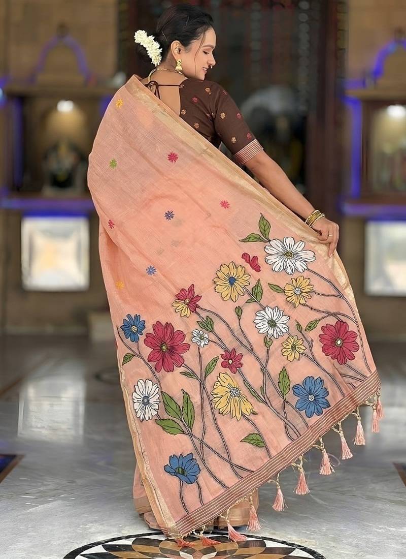 Peach cotton silk saree with colorful floral weaving pallu with blouse