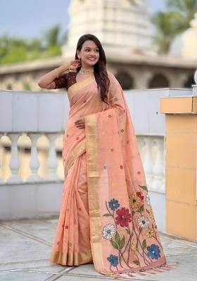 Peach cotton silk saree with colorful floral weaving pallu with blouse 3