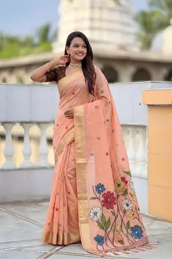 Peach cotton silk saree with colorful floral weaving pallu with blouse